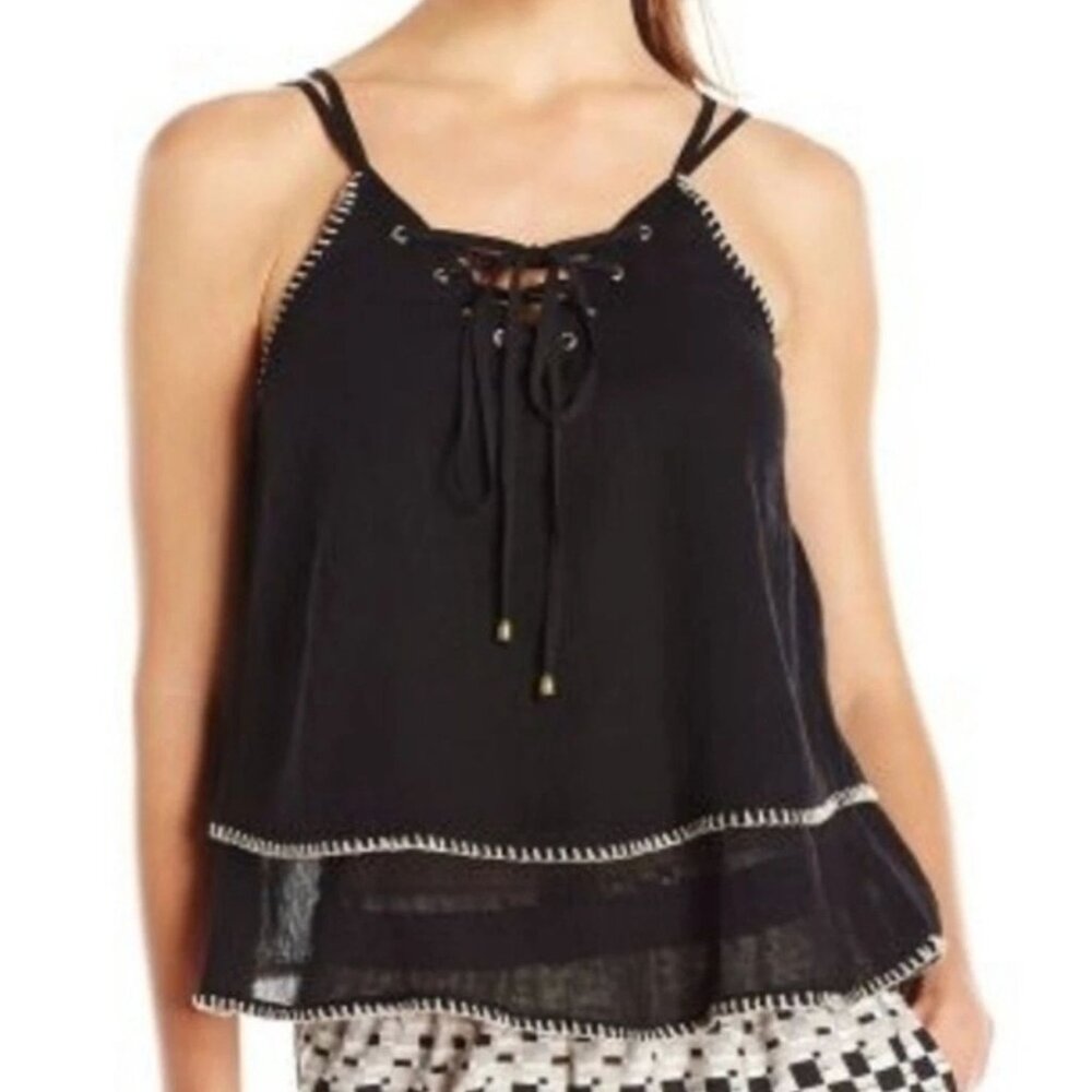Moon River Black Lace-Up Layered Hem Tank Top With Strappy Details Size L